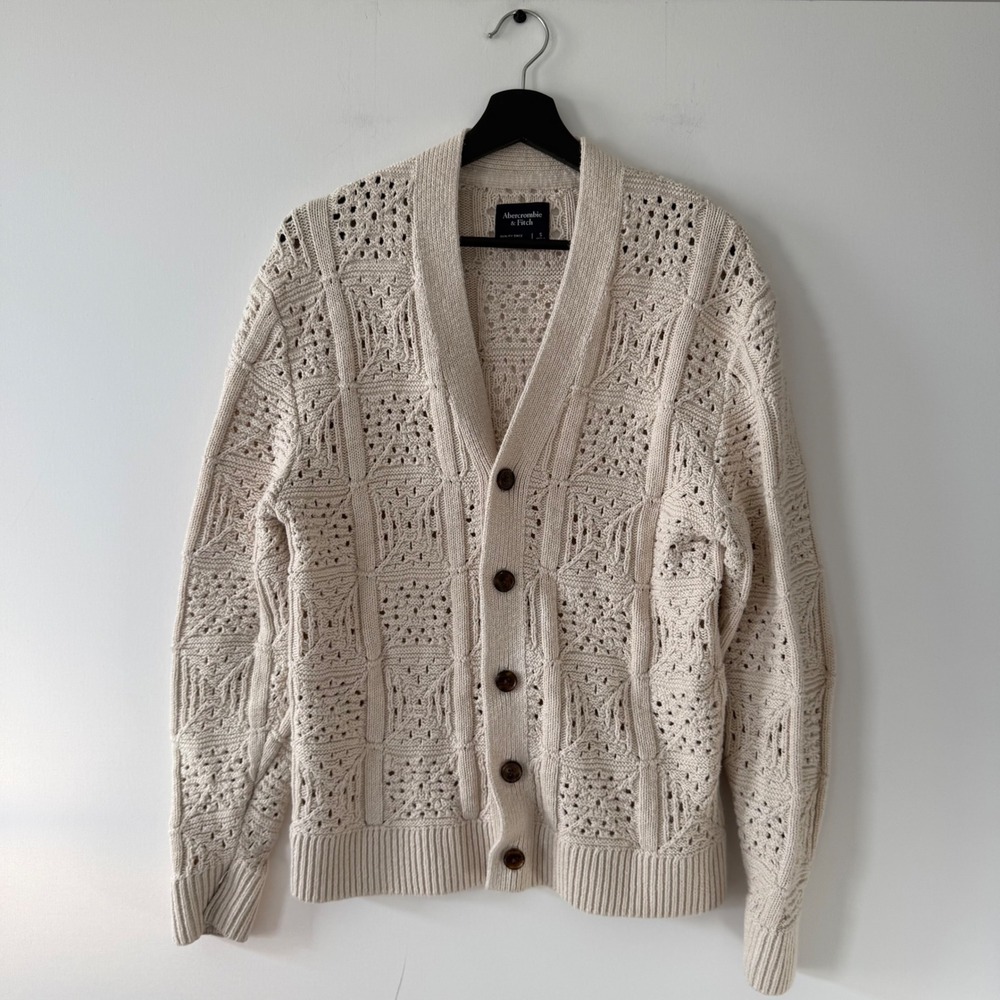Abercrombie & Fitch Mens Crochet Knit Cardigan Cream Button Front Small